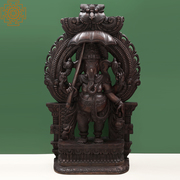 Large Kirtimukha Prabhawali Wooden Ganesha Statue With Umbrella